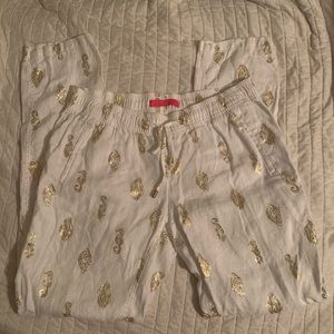 Lilly Pulitzer White Linen Pant Womens Size M Gold Sea life